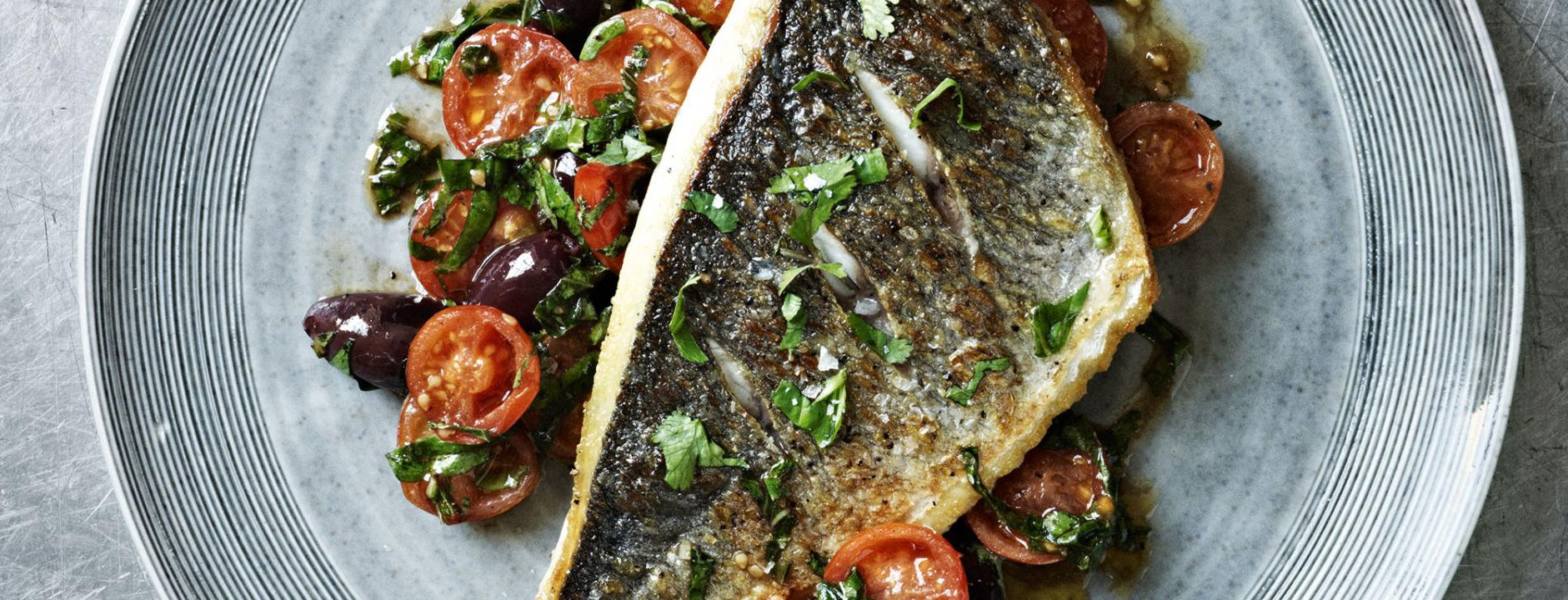 Italian Crumb Topped Sea Bass with Grilled Cherry Tomatoes