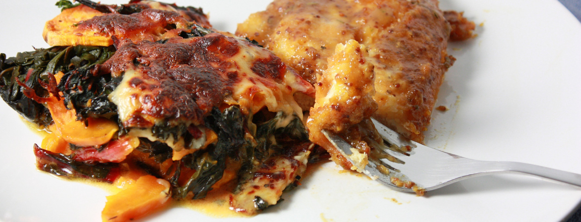 Pan fried chicken with easy greens and potato gratin