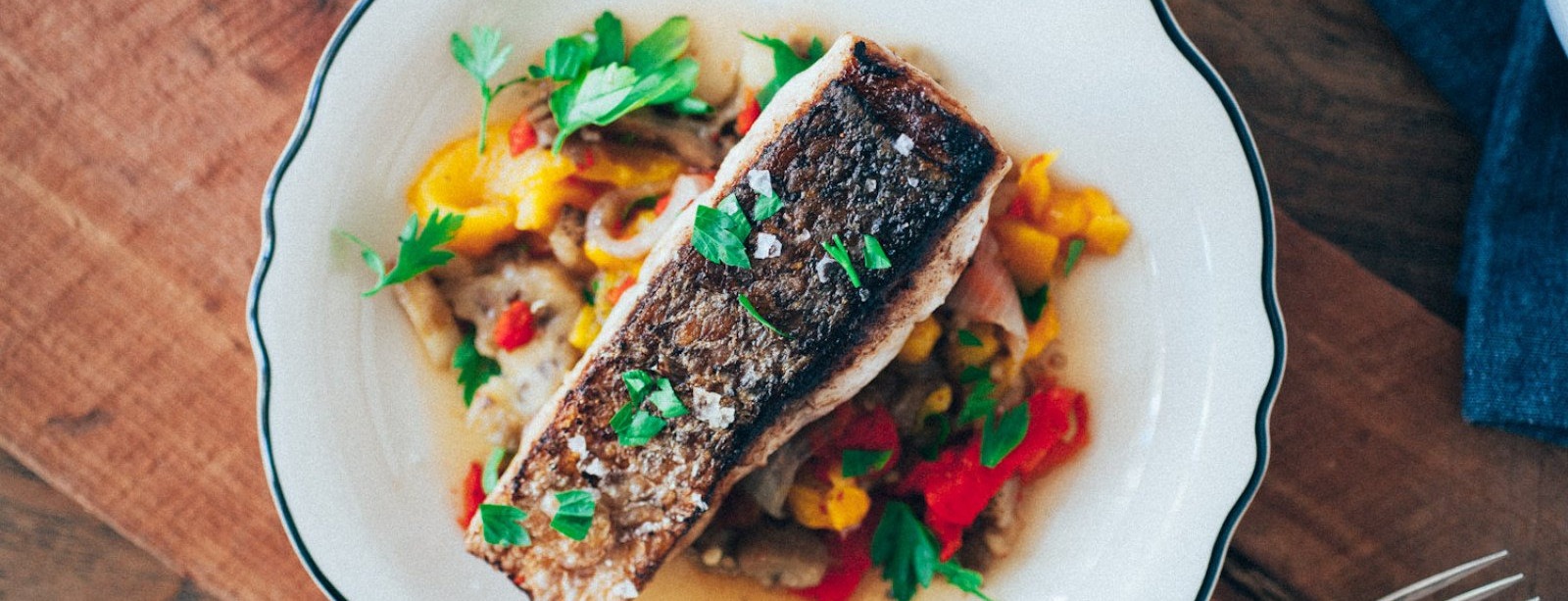 Pan Seared Sea Bass with Rice and Pepper Medley